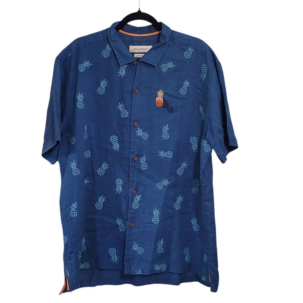 Tommy Bahama Mens Shirt XL blue Linen Pineapple Print Button Up